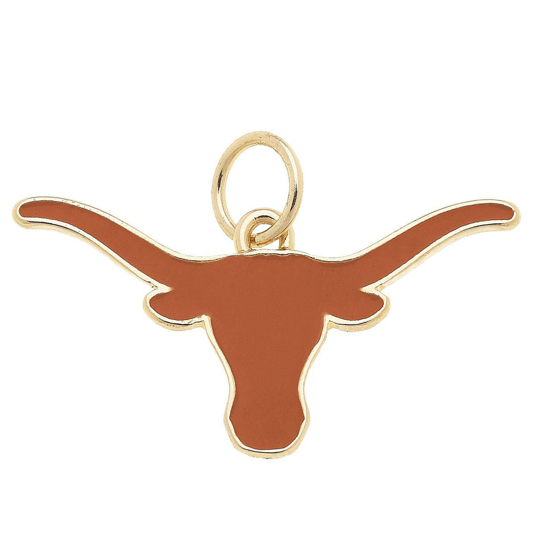 A gold-plated Texas Longhorns enamel logo charm in brown and gold colors.