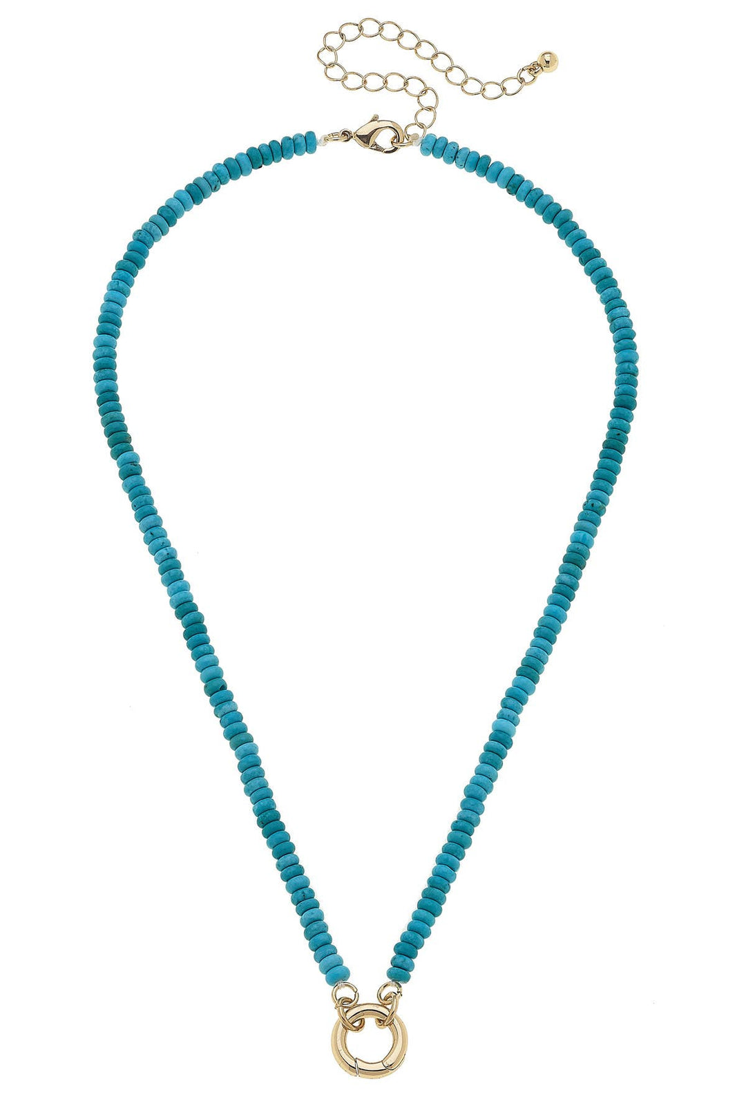 A turquoise beaded necklace with a gold-plated adjustable length and a pendant ring for adding charms.