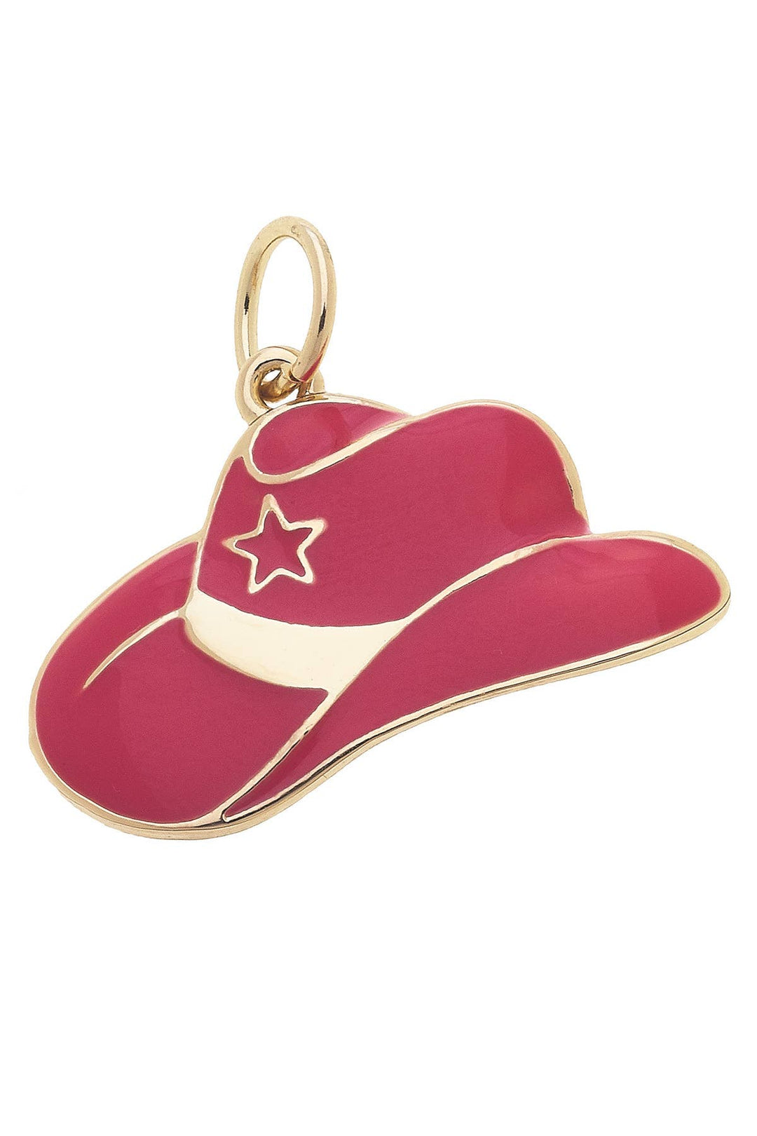 A pink enamel hat charm with a star shape on top, gold plated.