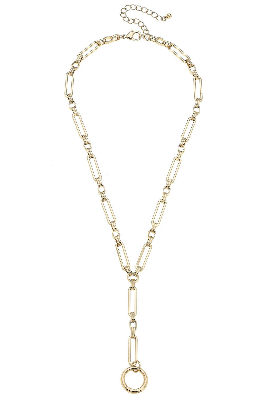 A shiny gold-plated lariat charm necklace with a circular extender and a clasping mechanism.