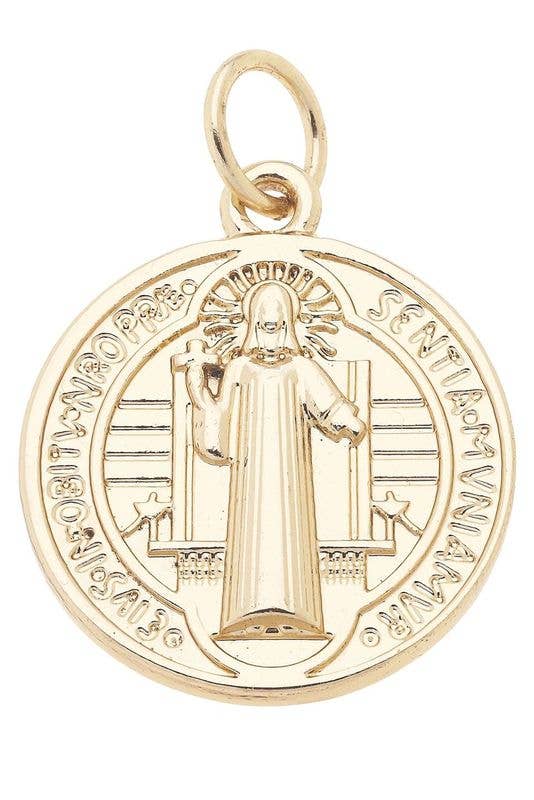 A shiny gold colored double sided coin charm featuring the image of Saint Benedict on both sides.