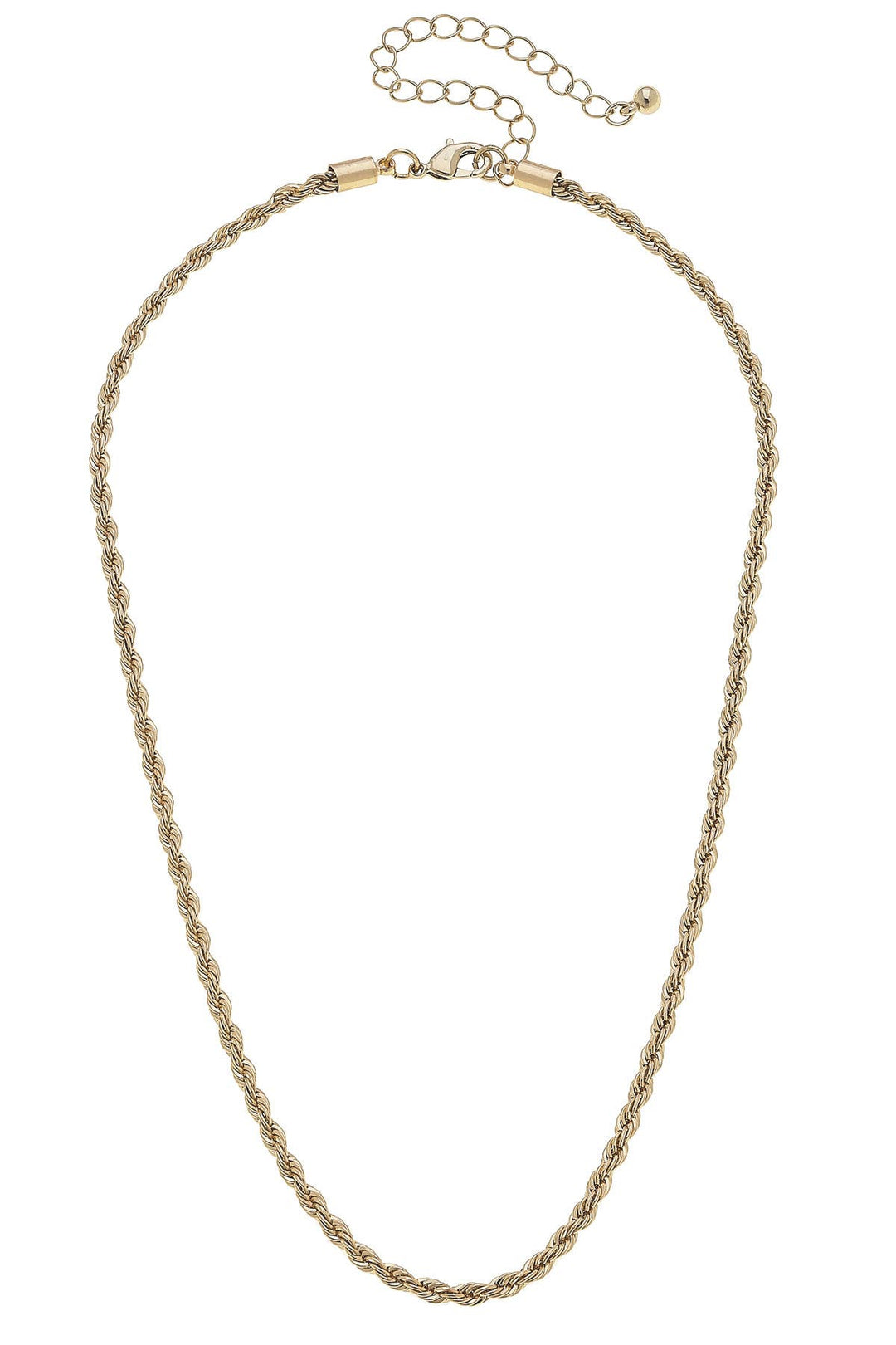 A gold-colored twisted rope chain necklace base with an adjustable length and a small gold-colored extender.