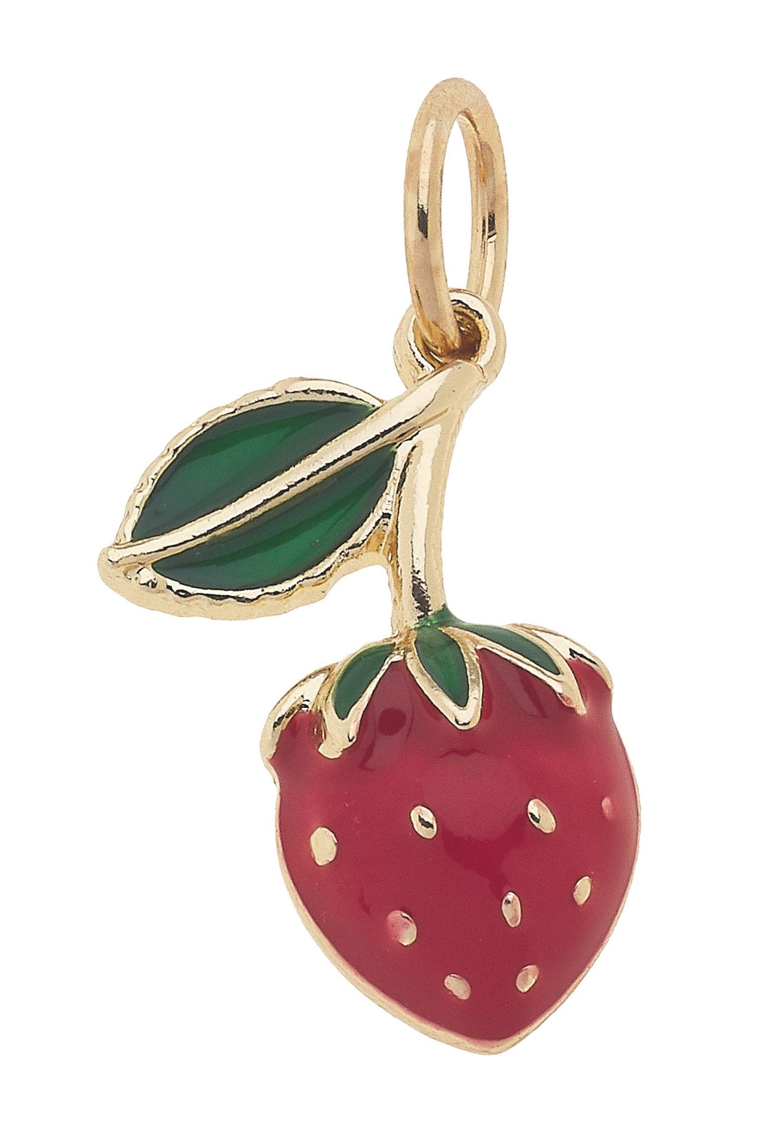 A gold-plated 3-D strawberry charm with red enamel and green accents.