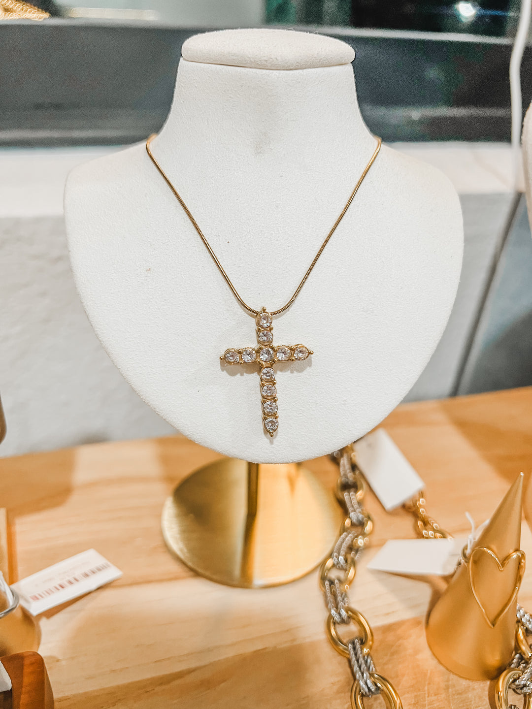 Stainless steel gold old cross necklace with cubic zirconia stones