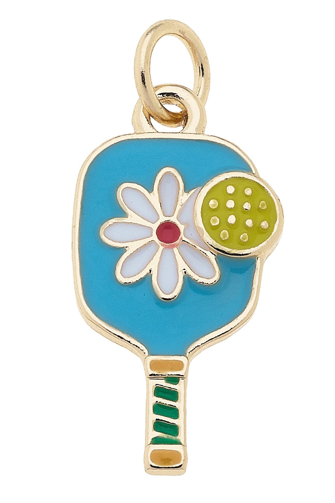Tennis racket charm with blue, white, and green enamel accents