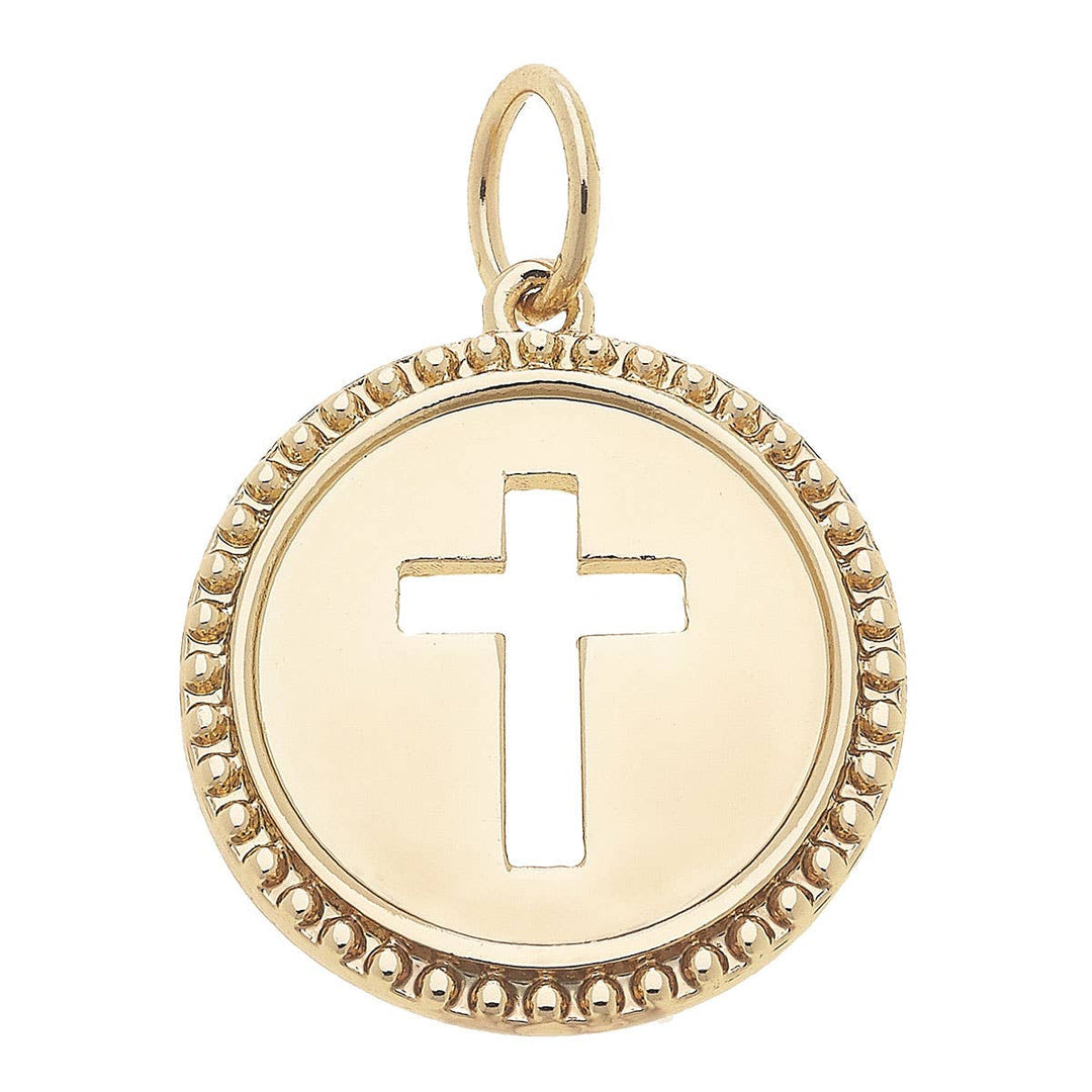 Gold coin charm with a cross cut out