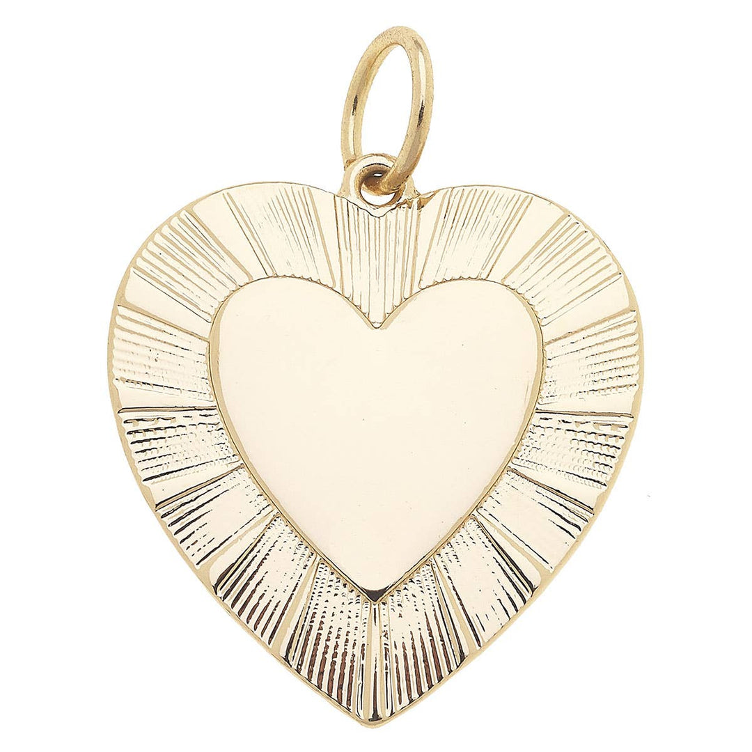 A shiny gold heart-shaped charm with a textured design and a loop on top for attachment.