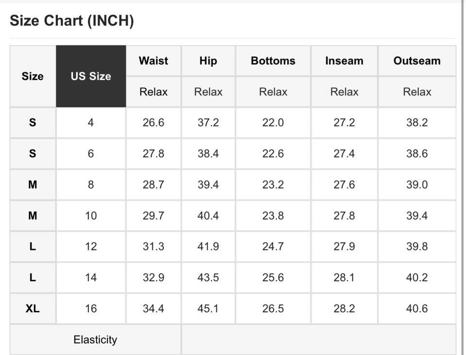 Size chart in inches for clothing measurements with US size labels.
