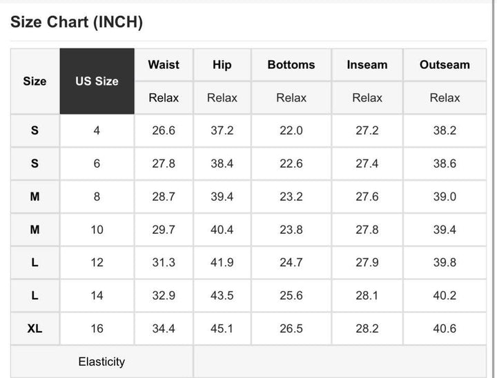 Size chart in inches for clothing measurements with US size labels.