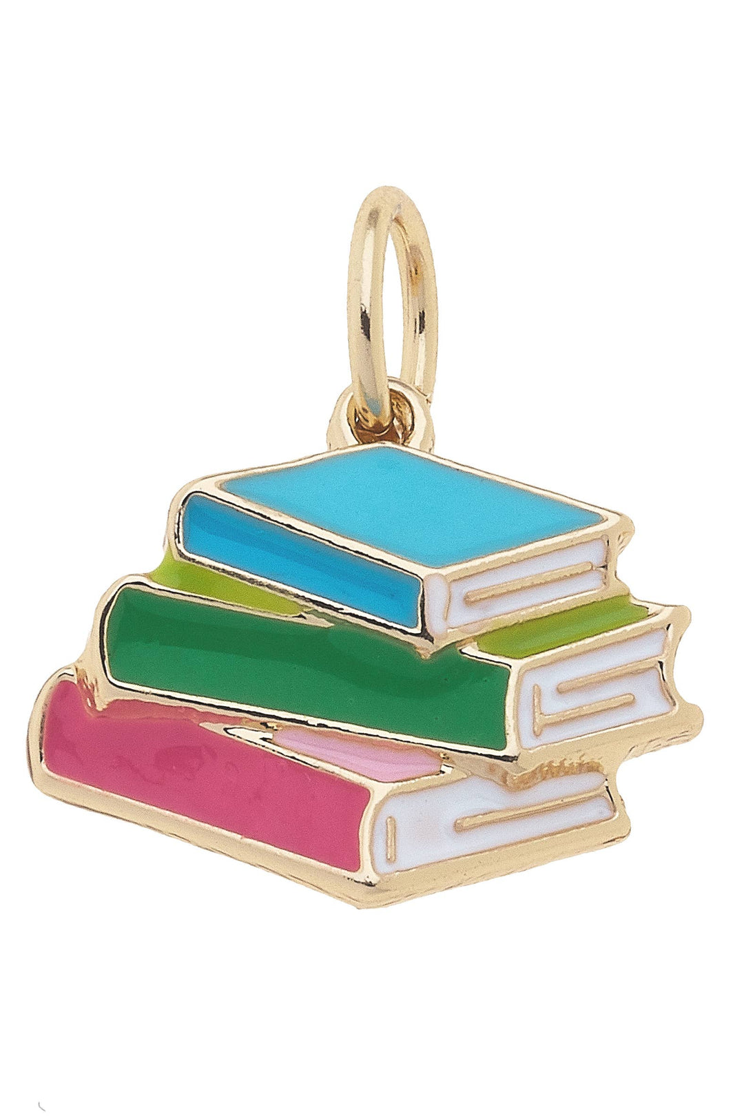 A gold-plated charm in the shape of a stack of colorful books.