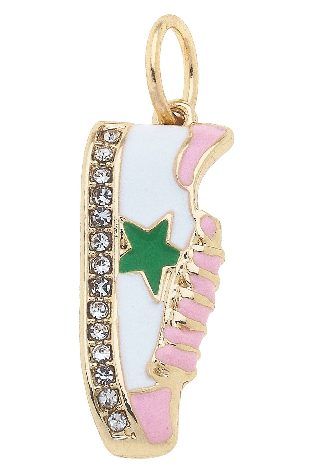 A gold-plated sneaker-shaped charm with white and light pink enamel, featuring a green star and diamond-like details on the side.