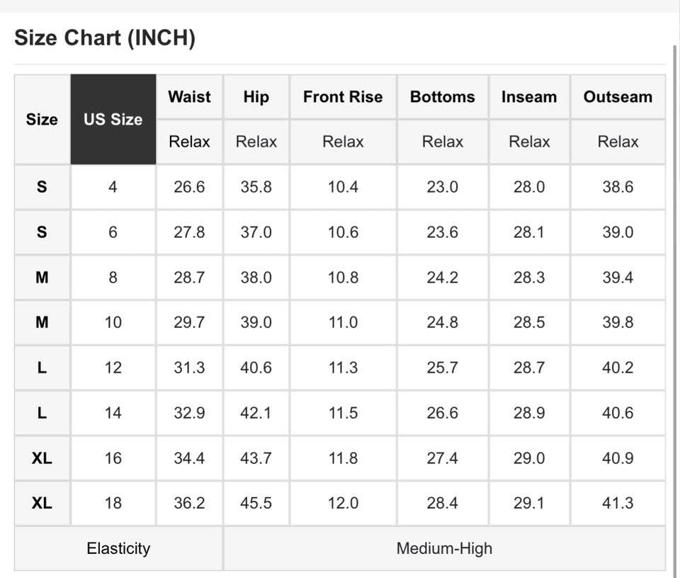 Size chart for pants in inches with US size labels