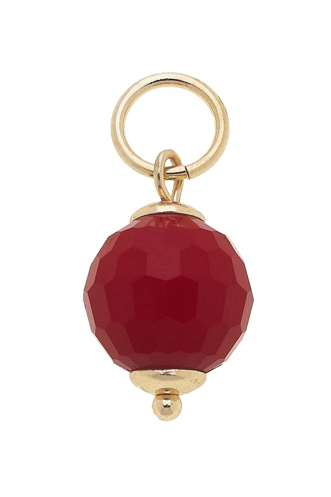 A red, faceted resin bead charm with a gold-plated loop and accent bead.
