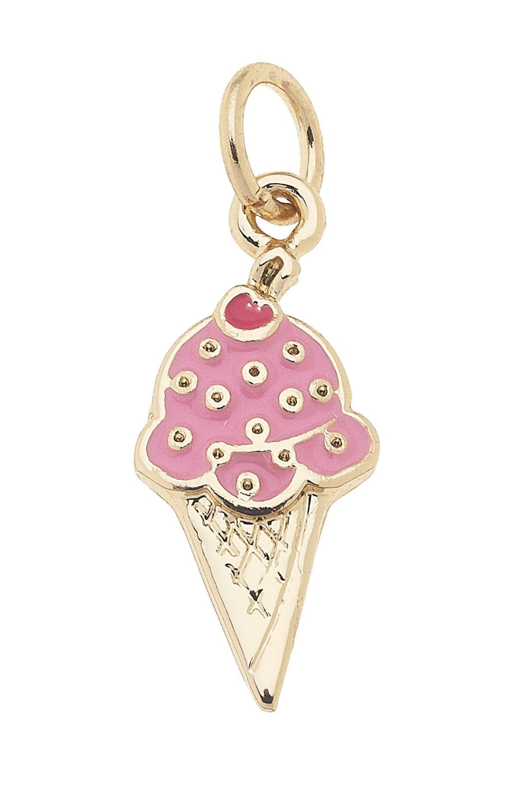 A gold-plated charm in the shape of an ice cream cone with pink color and pearl accents.