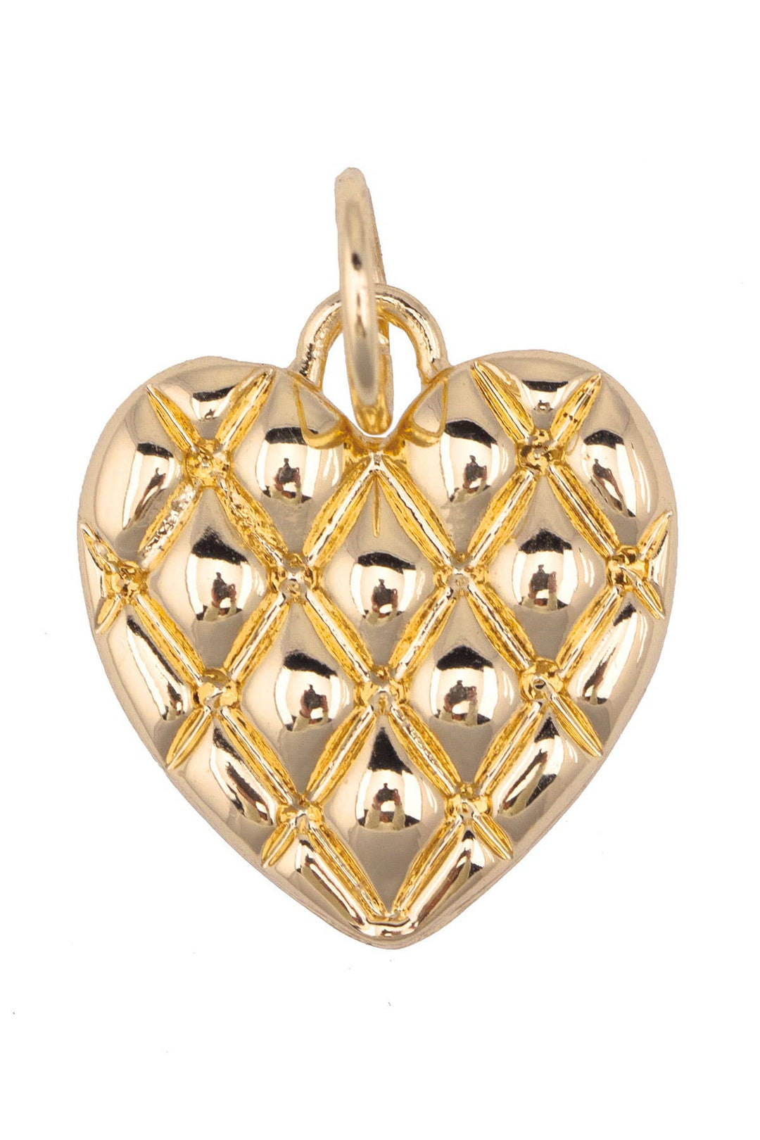 Gold heart-shaped pendant with a diamond pattern on a white background
