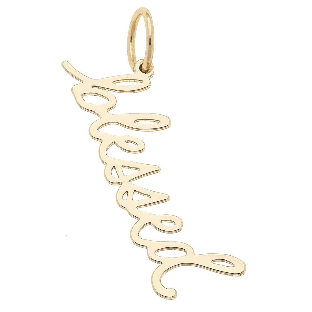 A shiny gold cursive script charm with the word 'blessed' displayed.