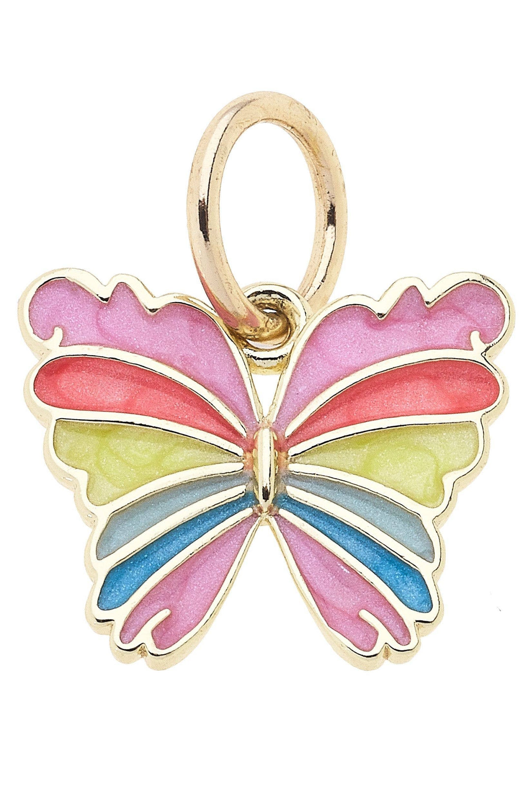 Butterfly-shaped charm pendant with pink, blue, and green wings on a white background