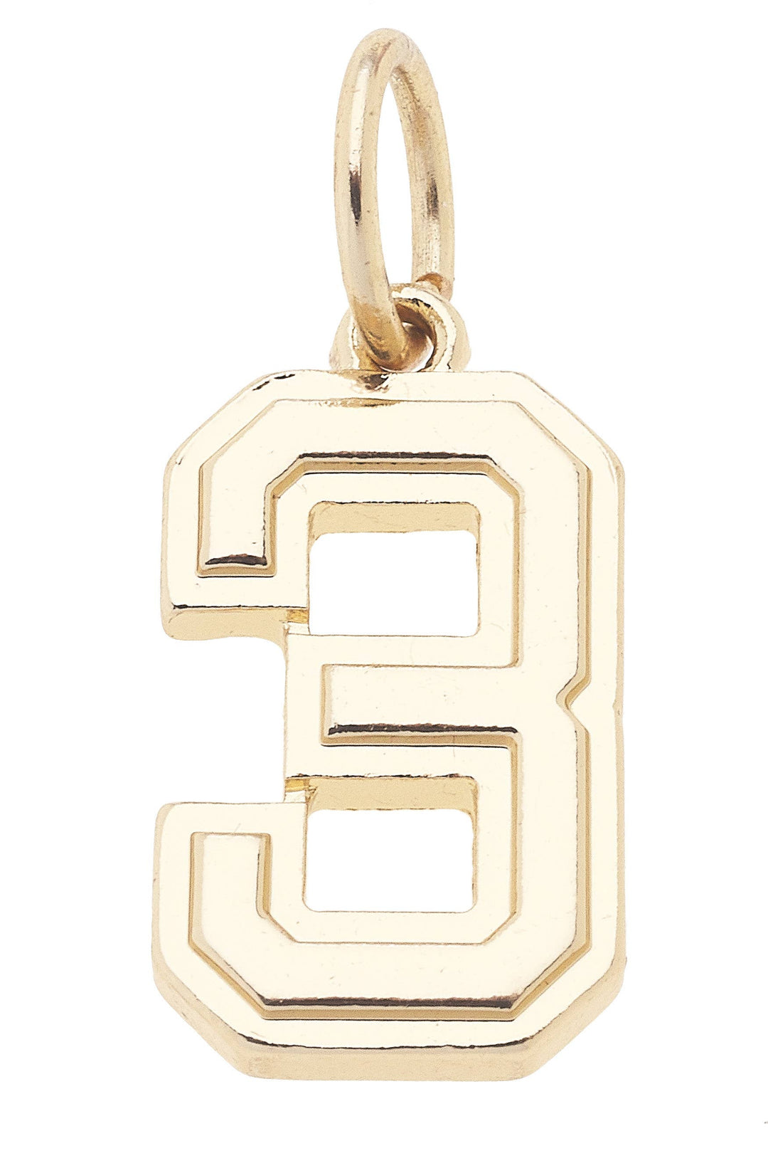 A shiny gold charm in the shape of the number 3.