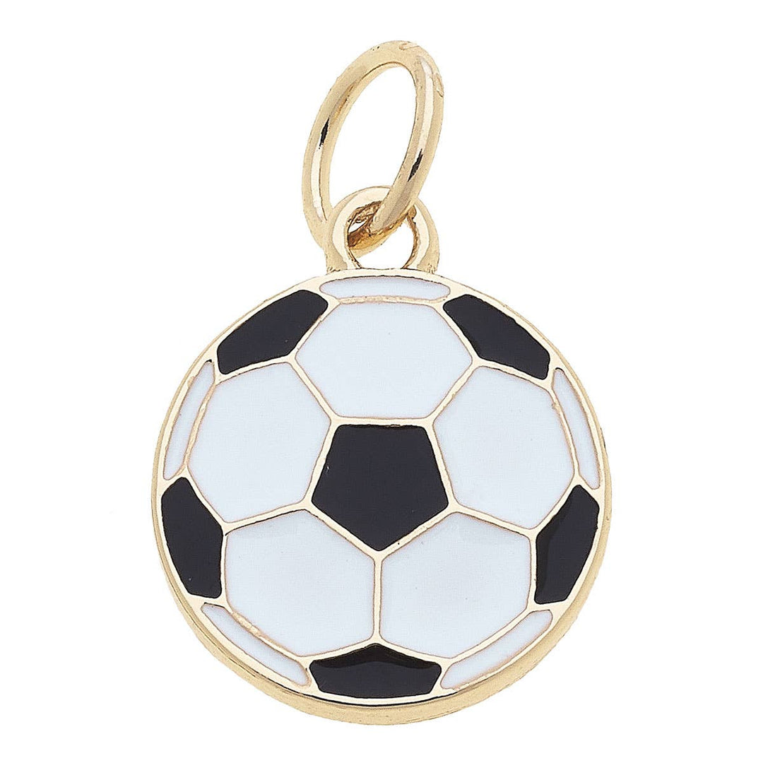 A gold-plated soccer ball enamel charm with black and white pattern.