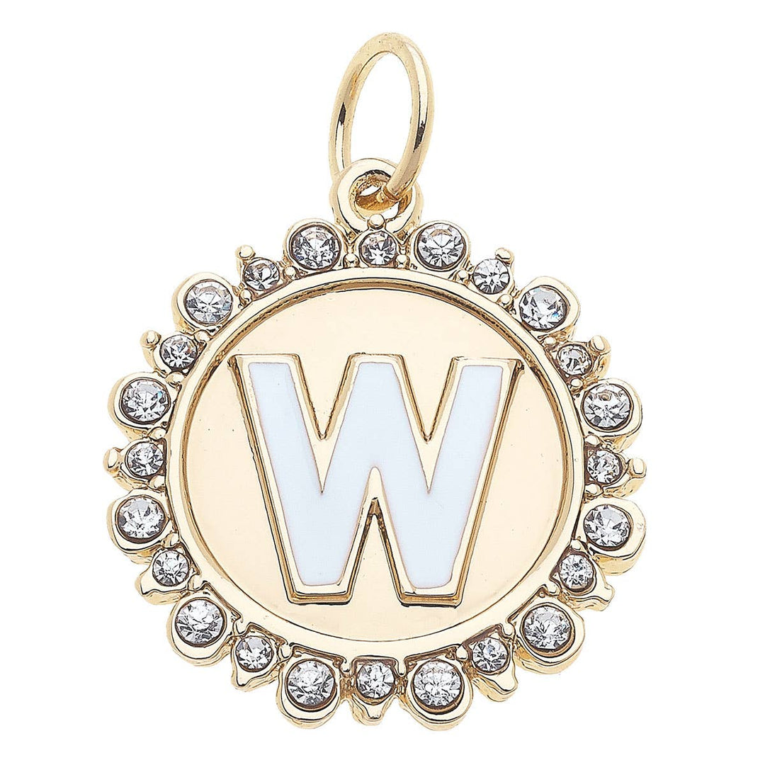 A shiny gold letter charm with the letter 'W' in the center, surrounded by rhinestones.