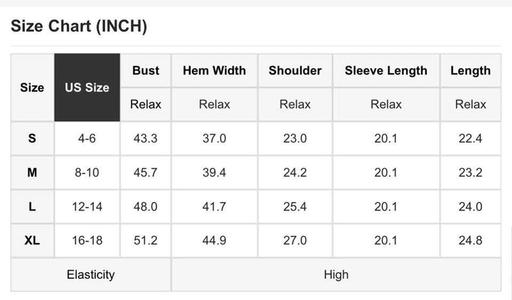 Size chart for clothing measurements in inches with US size labels.