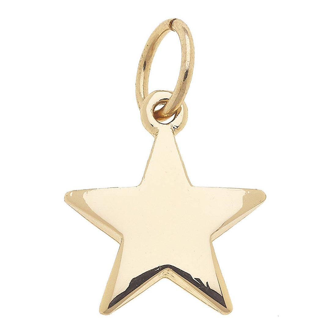 A shiny gold-plated star-shaped charm with a loop at the top for attaching to jewelry.