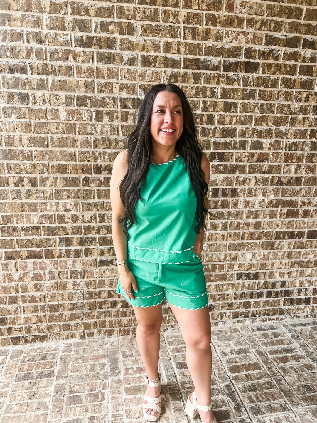 Green Two Piece Set with White Trim Detail | Entro