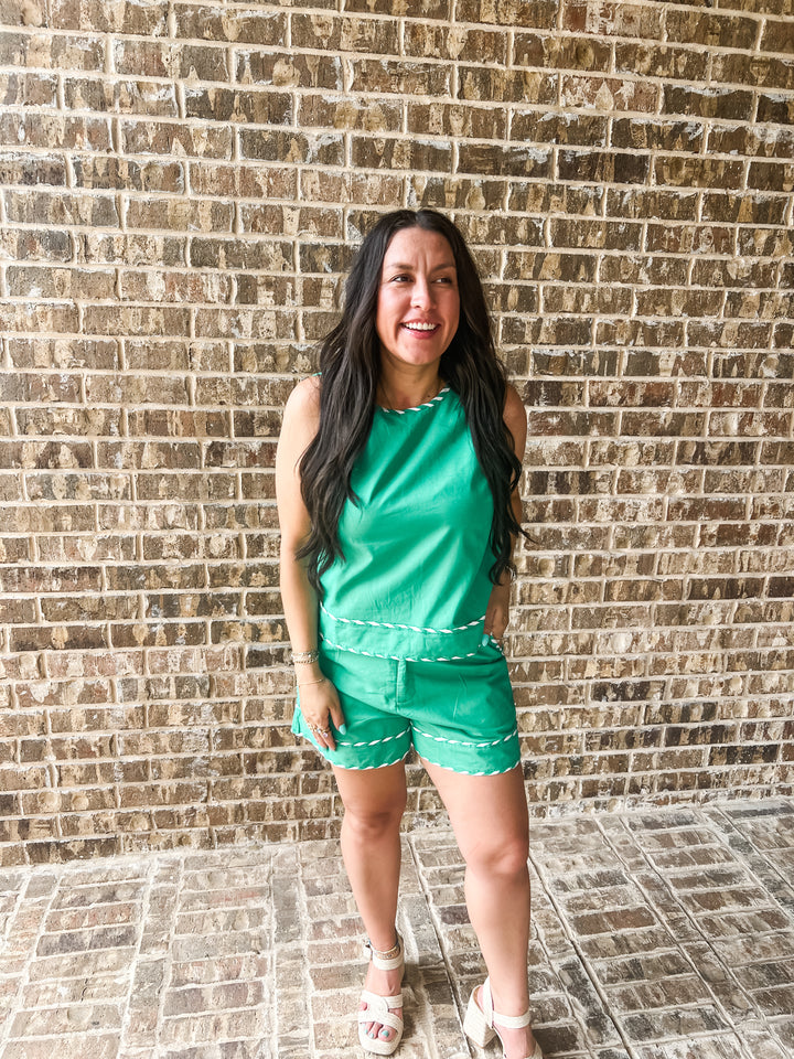 Green Two Piece Set with White Trim Detail | Entro