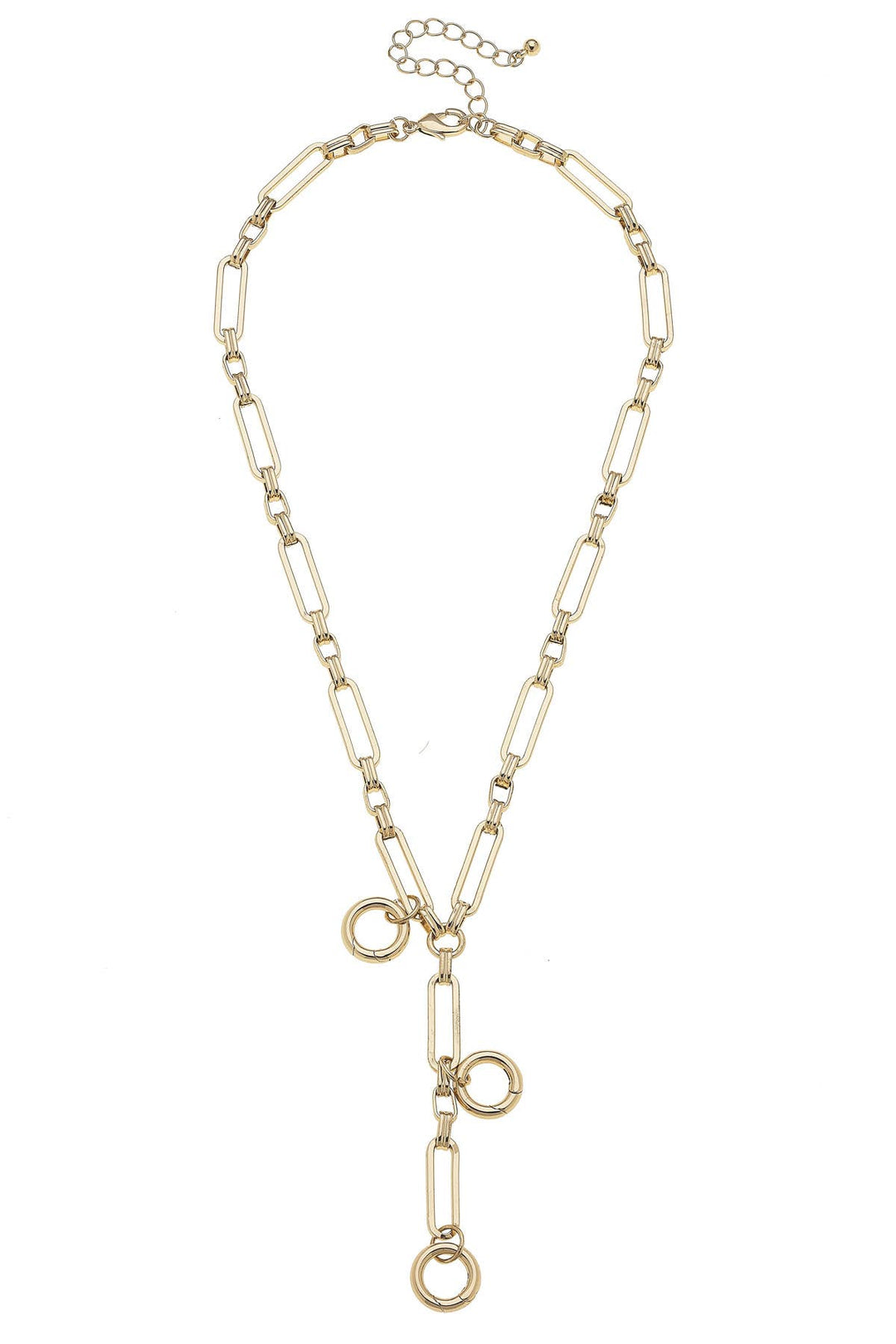 A shiny gold lariat necklace base with a sleek design, featuring a series of circular charms attached to its length.