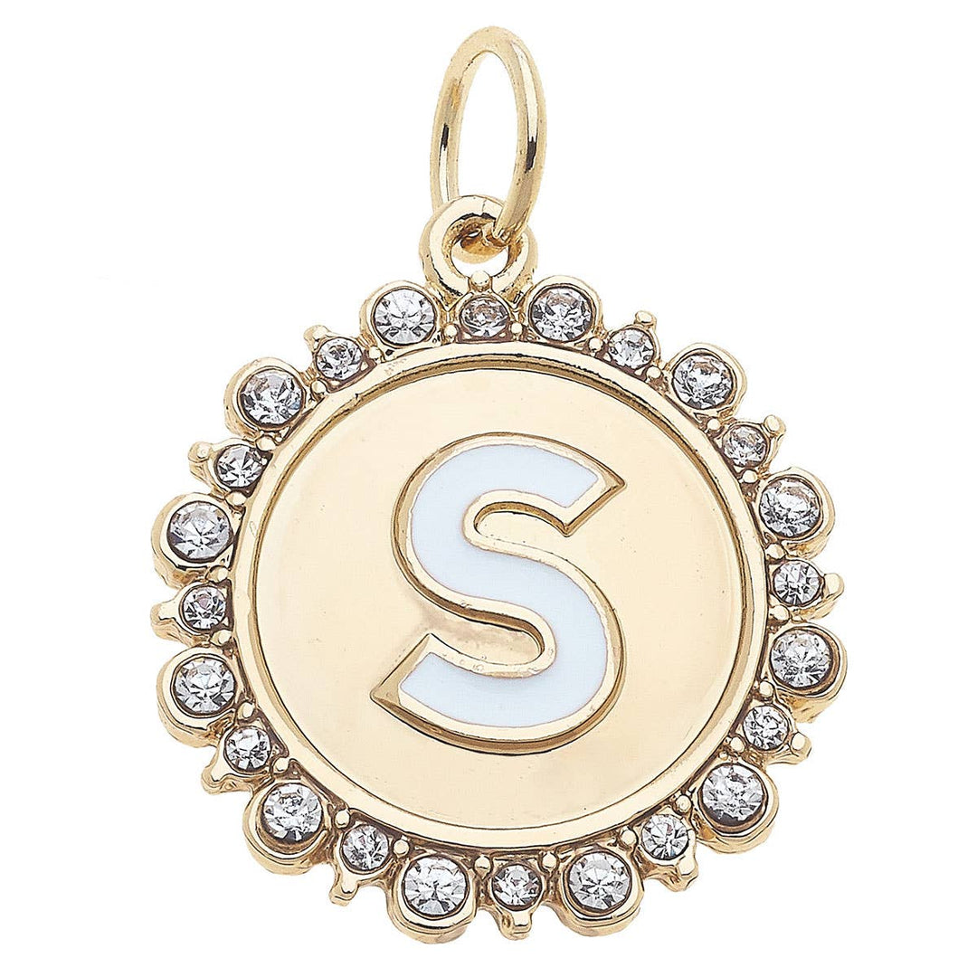 A shiny gold letter disc charm with the letter 'S' studded with rhinestones.