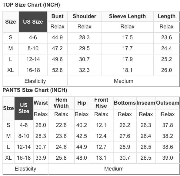 Size chart for tops and pants with measurements in inches.