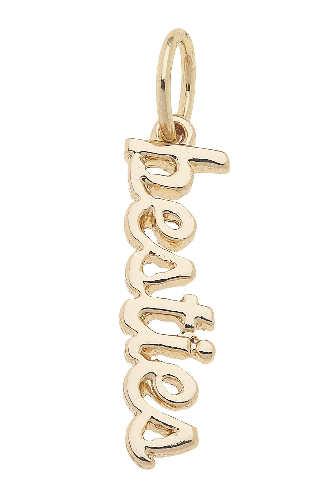 A shiny gold plated metal charm with the word 'Besties' written in cursive script.