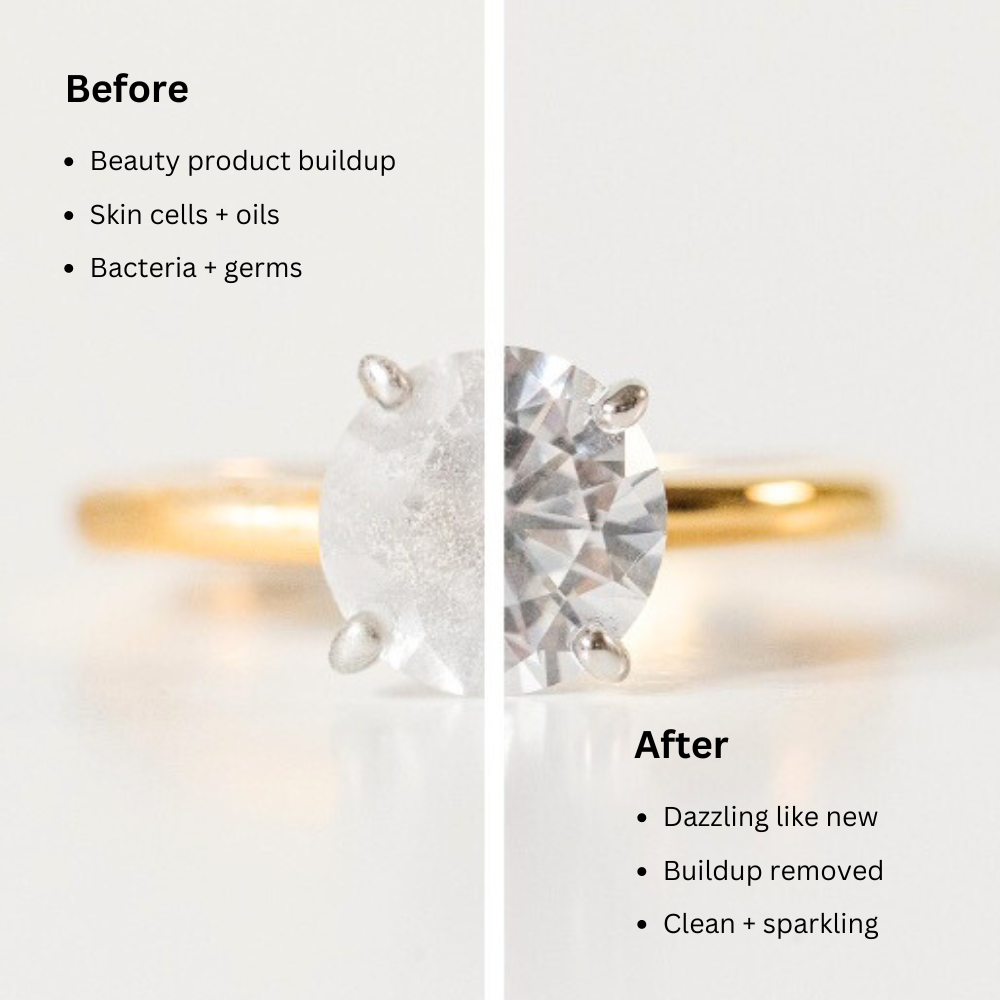 Before and After imagine of a ring after using Shinery Jewelry Wash