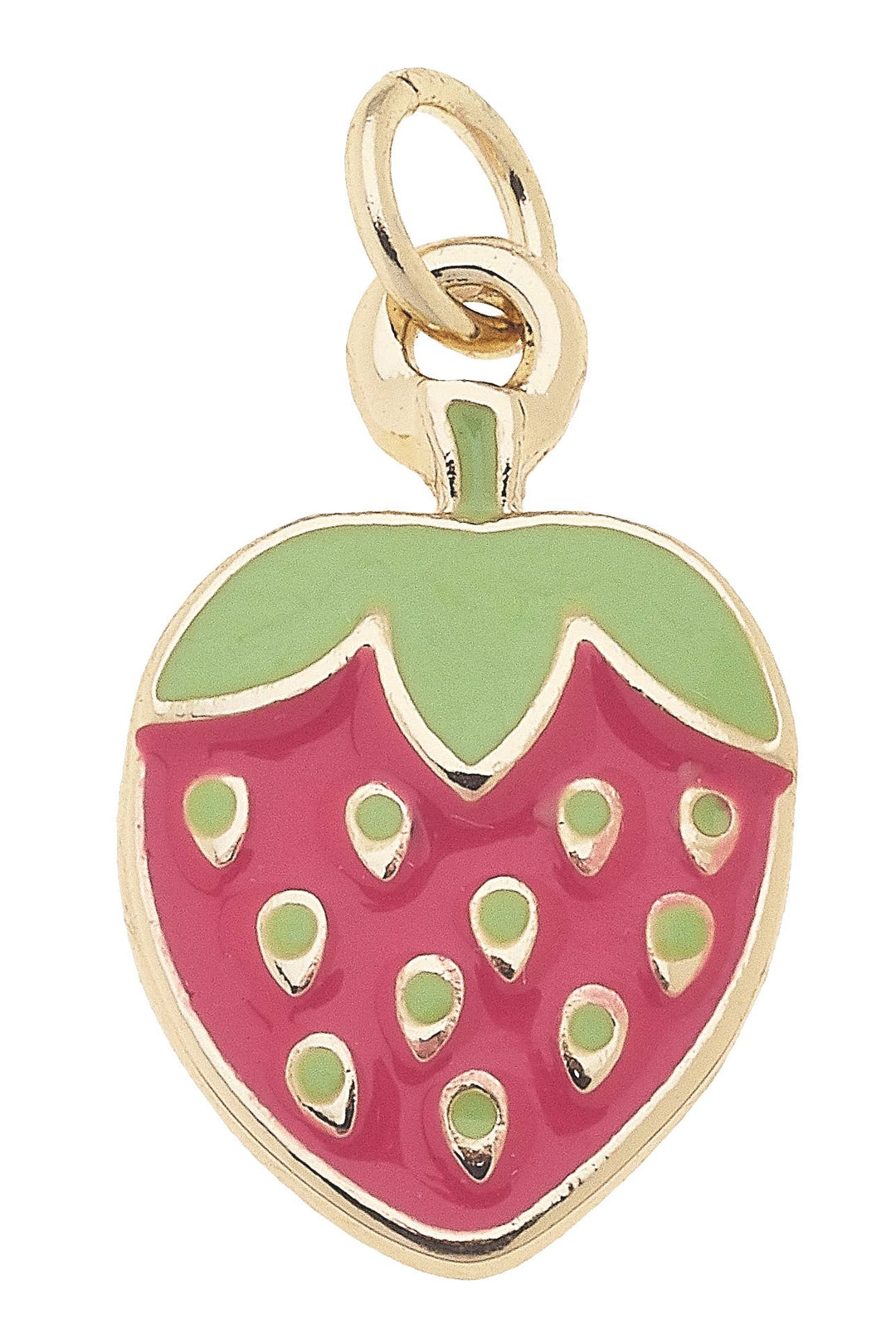 A tiny enamel charm shaped like a strawberry with red and light green colors and a gold plating base.