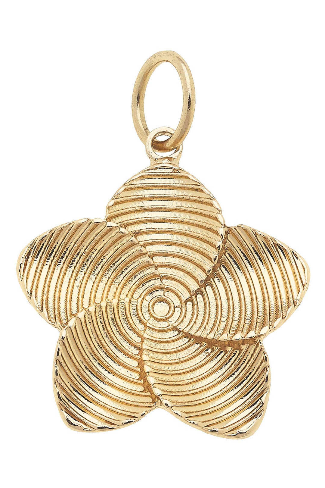 A shiny gold-colored floral charm with textured petals.