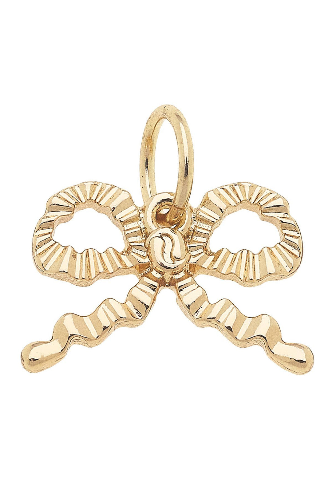 A shiny gold-plated ruffled bow charm with a loop at the top for attachment.