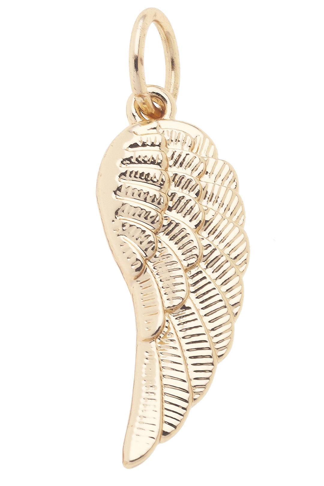 Gold angel wing charm on a white background