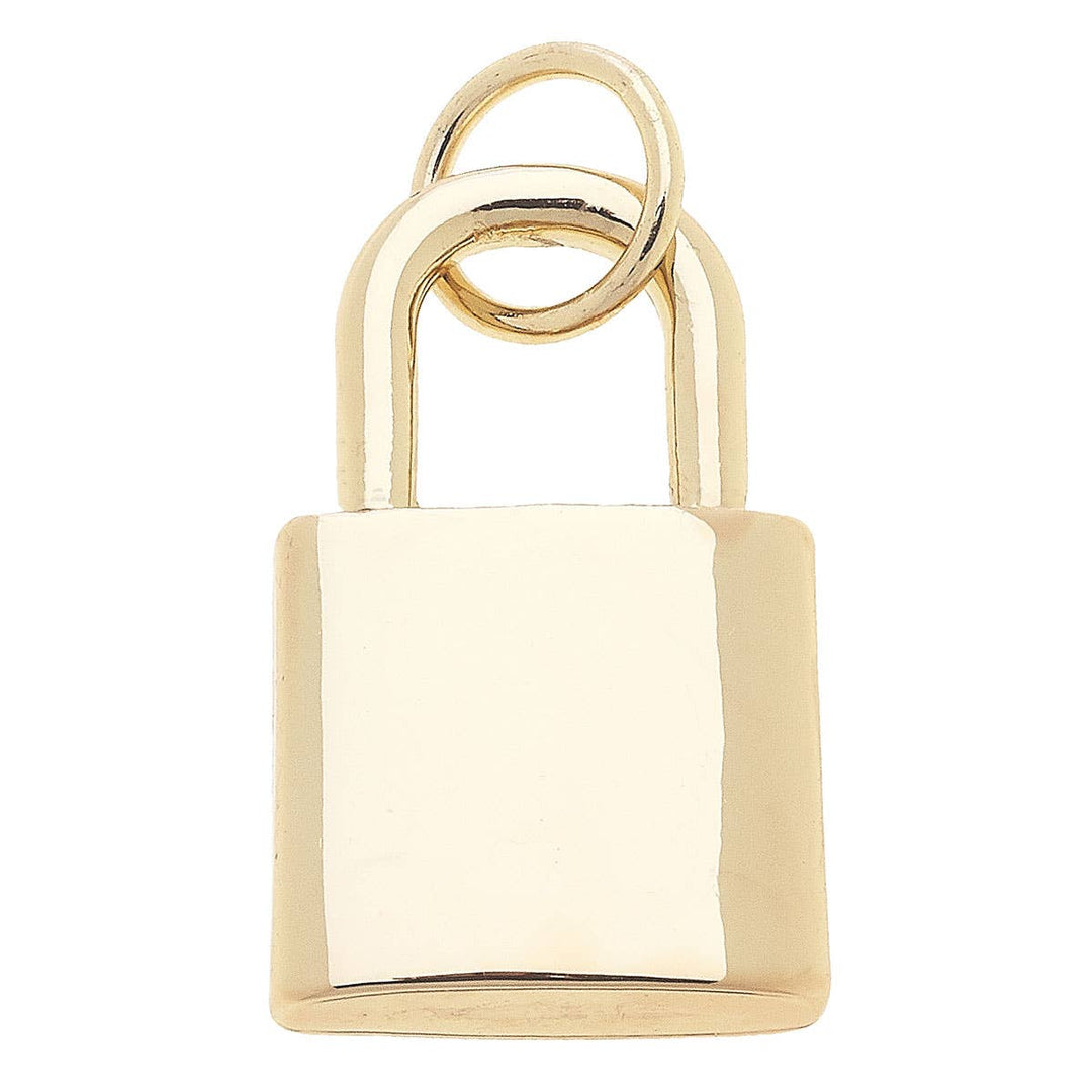 A shiny gold padlock charm with a smooth surface and a loop for attaching to jewelry.