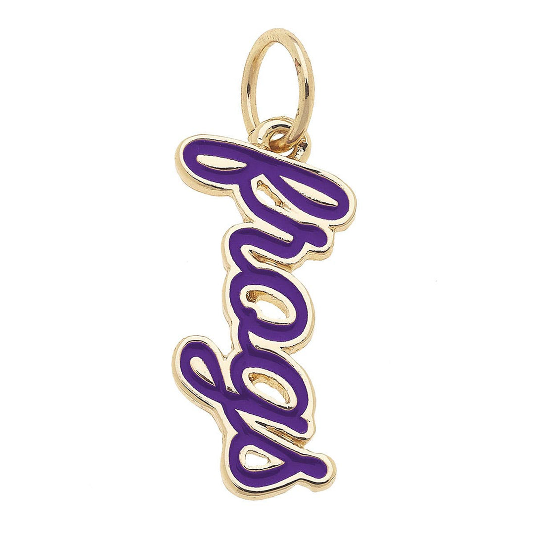 A gold and purple TCU Horned Frogs enamel script charm.