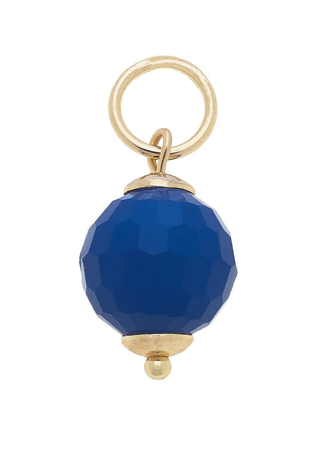 A royal blue faceted resin bead charm with a gold-plated loop and bottom accent.