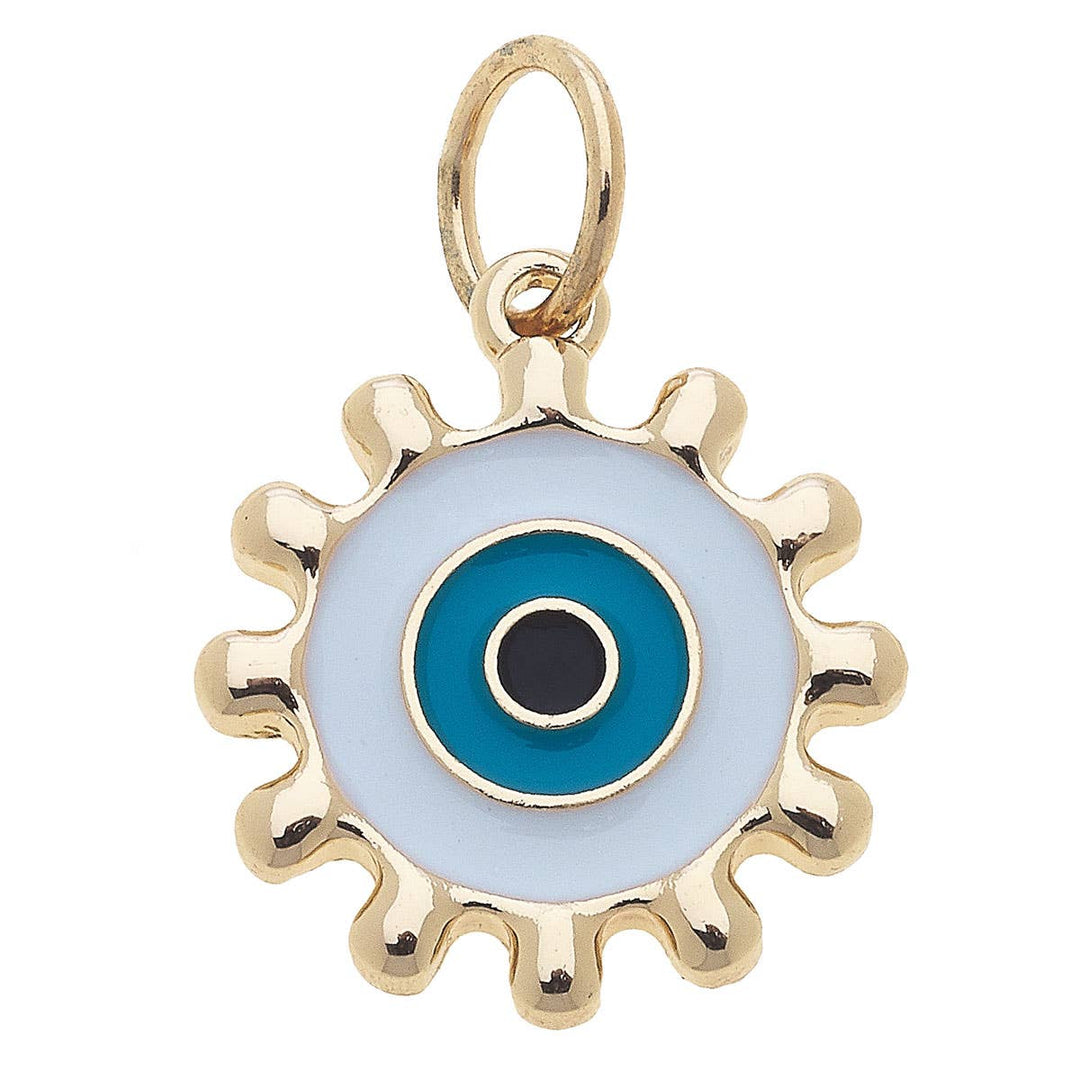 A gold-plated Evil Eye Enamel Charm with blue and white colors