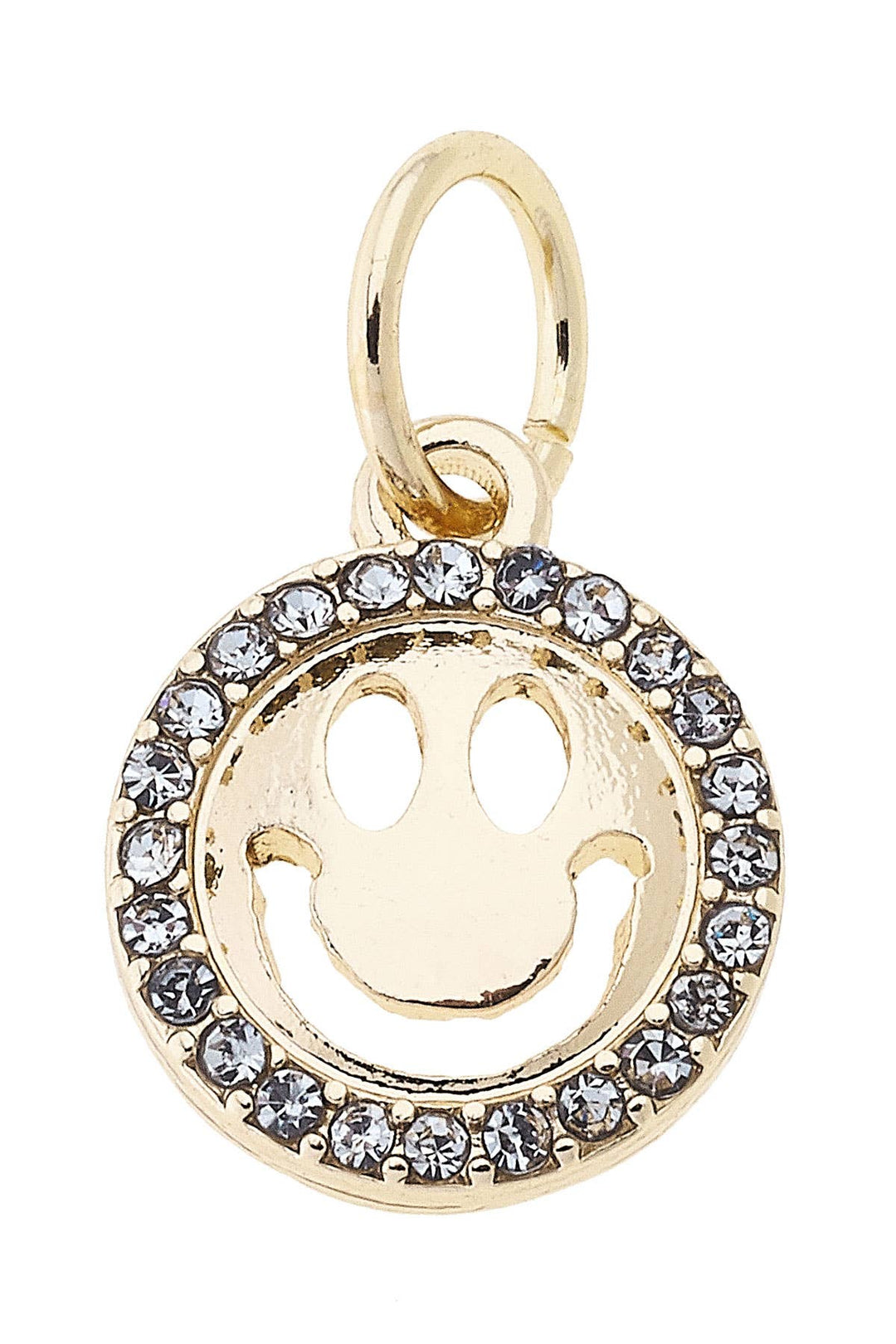 Gold charm pendant with smile design and crystal accents on a white background