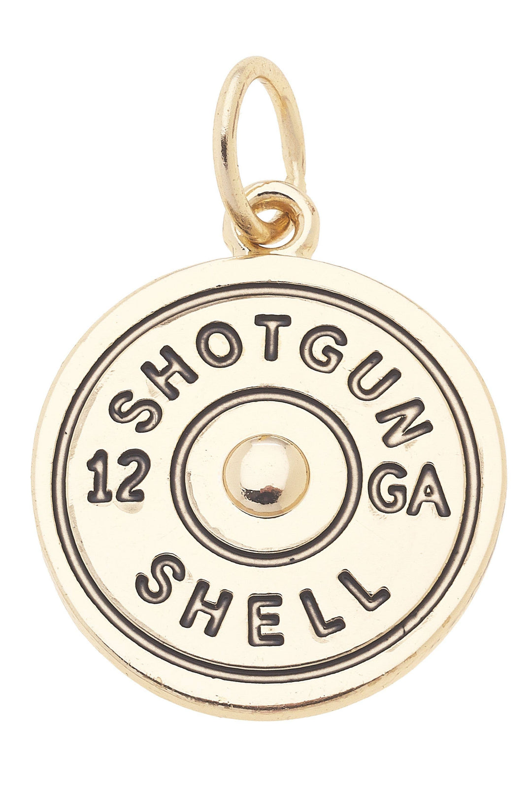 A shiny gold charms representing a shotgun shell design.