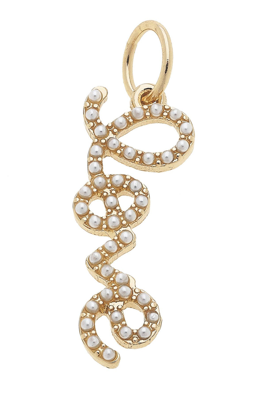 A gold-plated charm with the word 'Love' studded with small pearls, in an ivory hue.