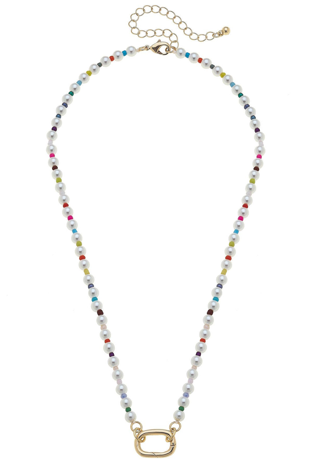 An adjustable ivory pearl charm necklace with a gold-plated clasp, featuring a variety of multicolored beads.