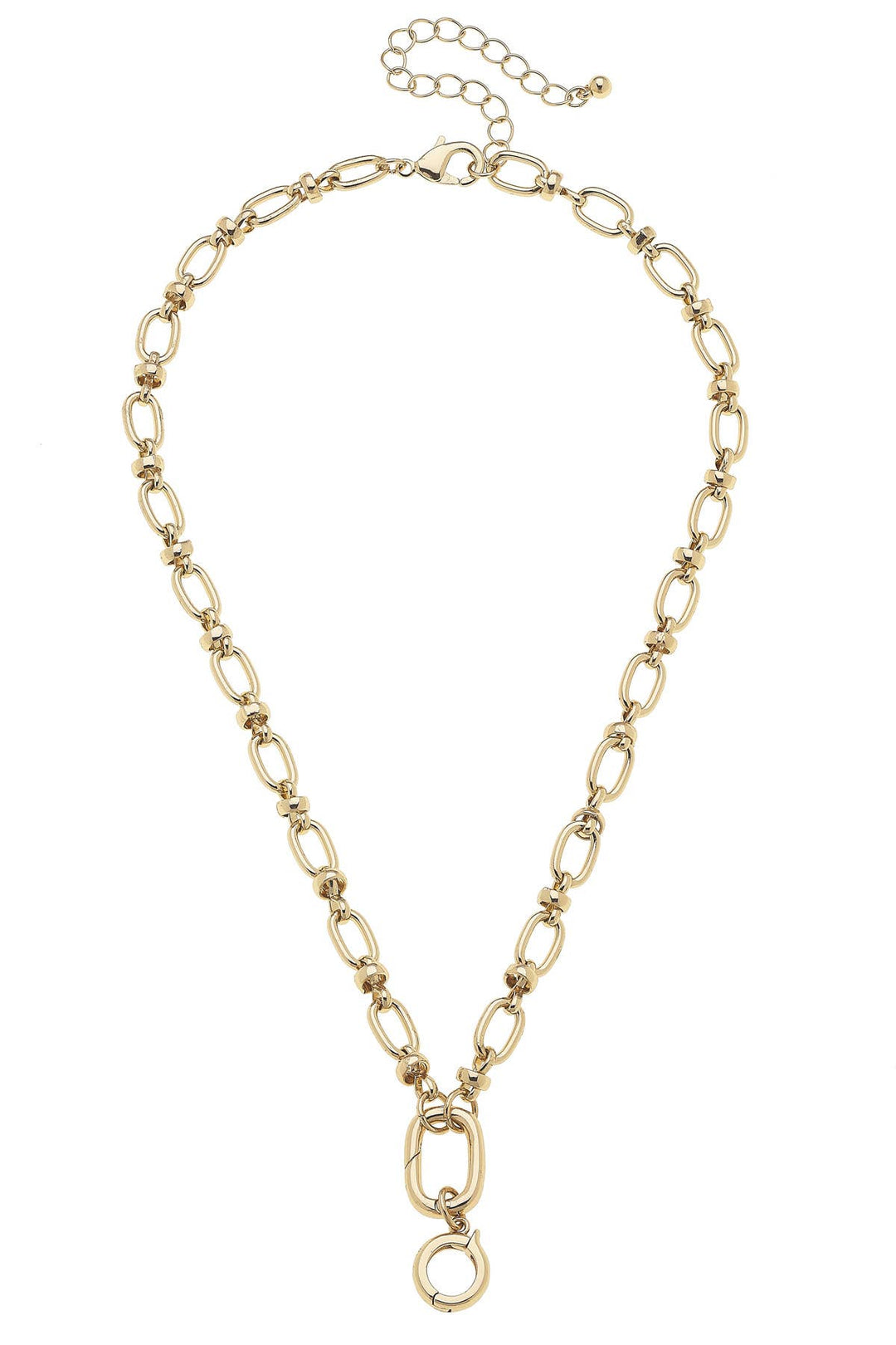 A shiny gold cable link chain necklace with a lobster clasp closure.