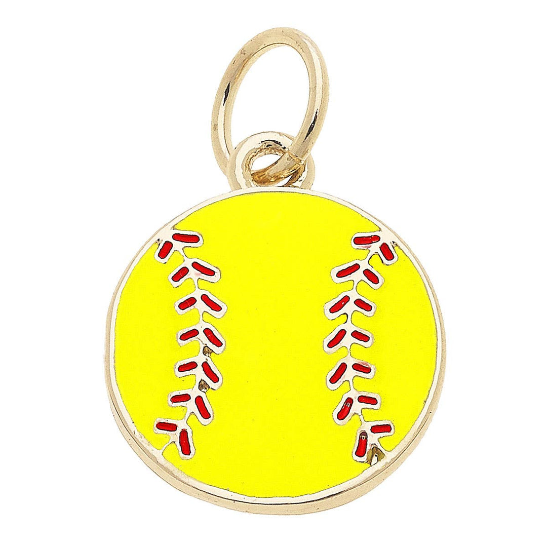 A gold-plated softball enamel charm with bright yellow and red stitching details.