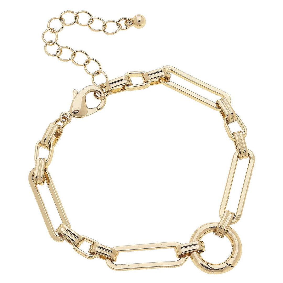 A shiny gold linked charm bracelet base with a clasp, on a white background.