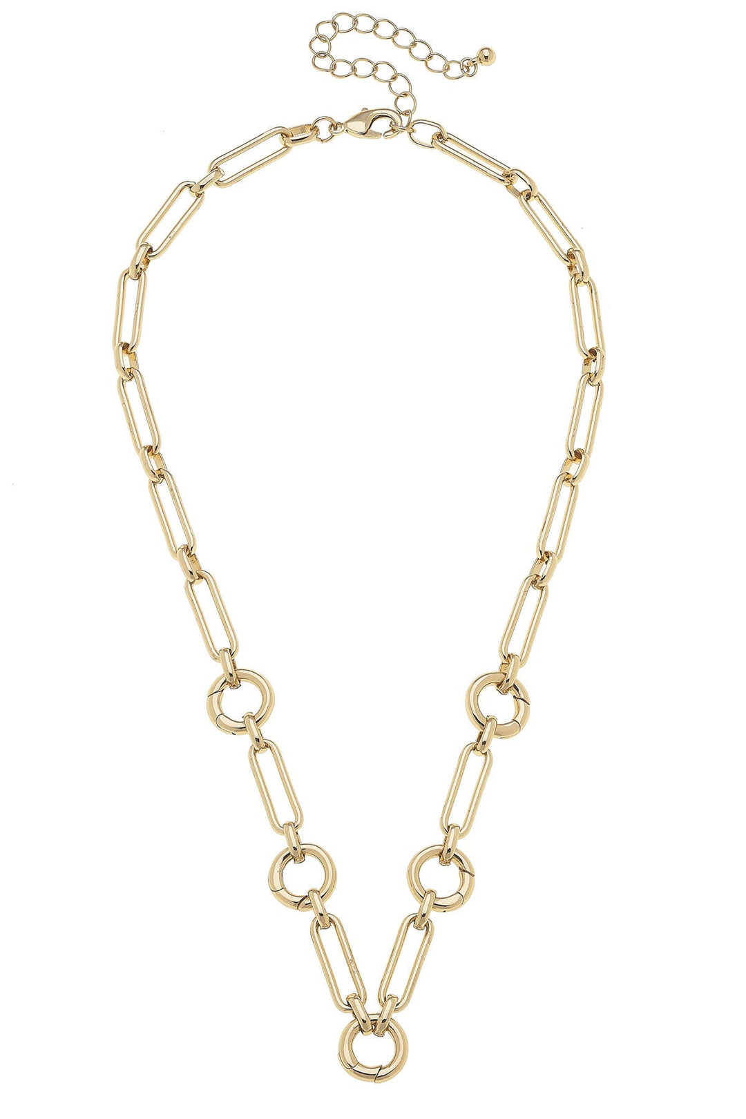 A shiny gold-plated necklace base with a chain design and a lobster clasp closure.