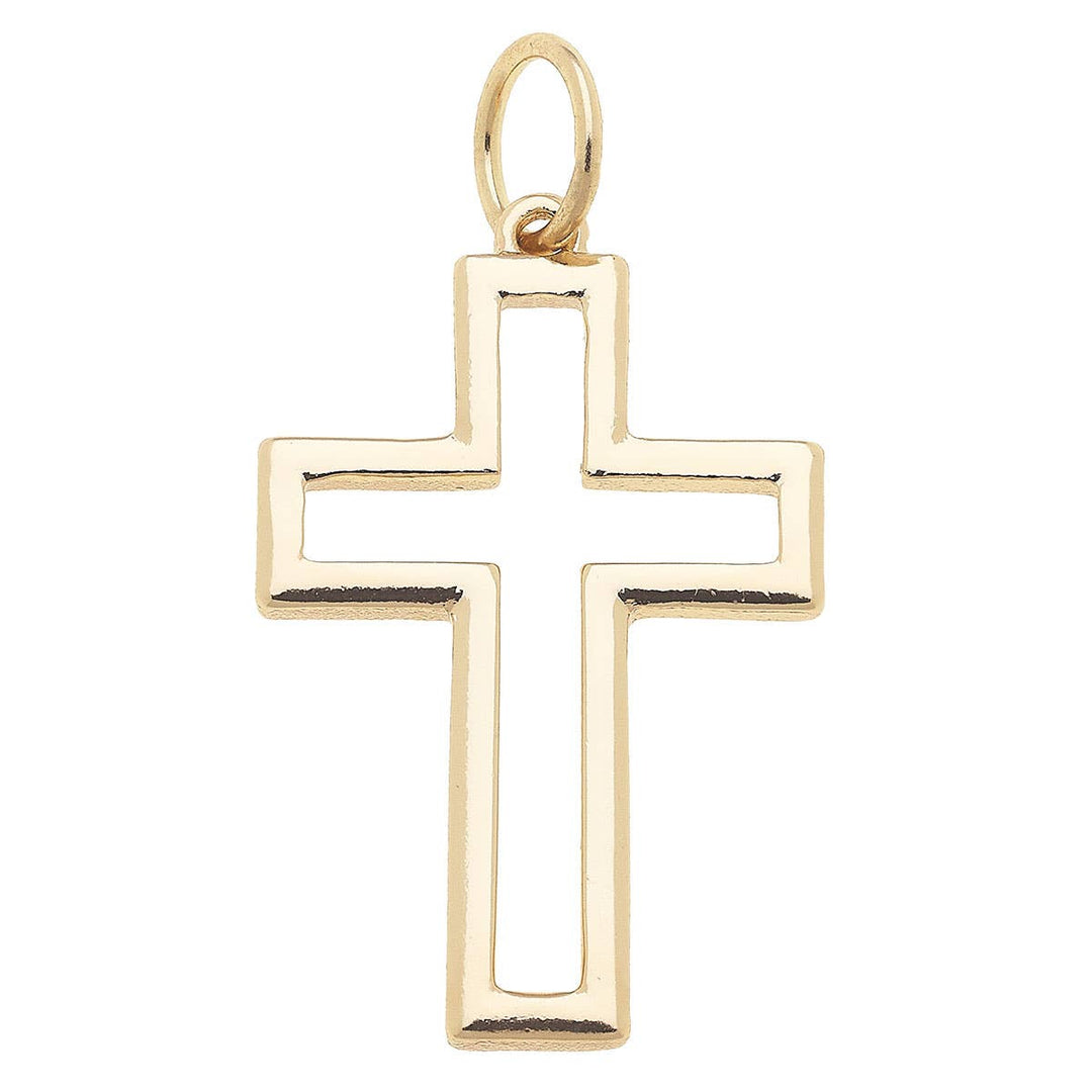 A shiny gold open cross charm with a contemporary design, suitable for layering with other charms.